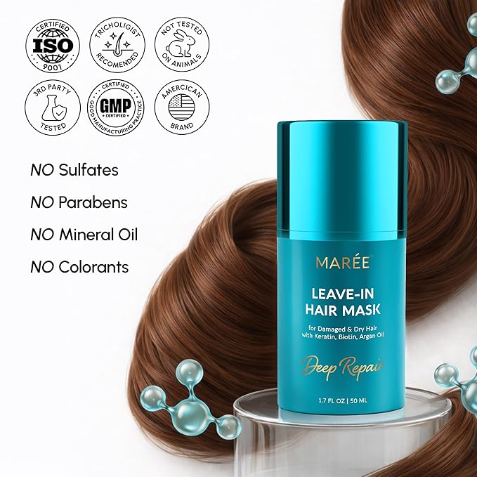 MAREE Deep Conditioning Leave-In Hair Mask for Damaged Hair – Keratin Hair Treatment with Biotin, Natural Oils & Vitamins – Leave-In Conditioner for Repair and Hydration – Mascarilla Para Cabello