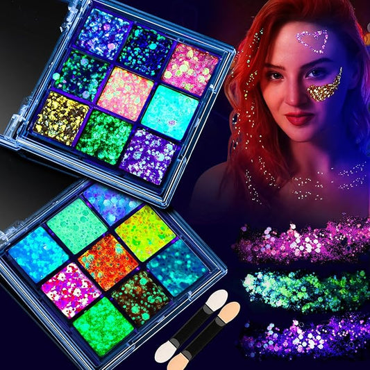 FANDAMEI Glow in The Dark Glitter, 2 Glitter Gel Palette 18 Grids Face Body Hair Glitter for Glow in The Dark Glitter Makeup, Face Glitter for Kids Women for Halloween Rave Concert Face Paint