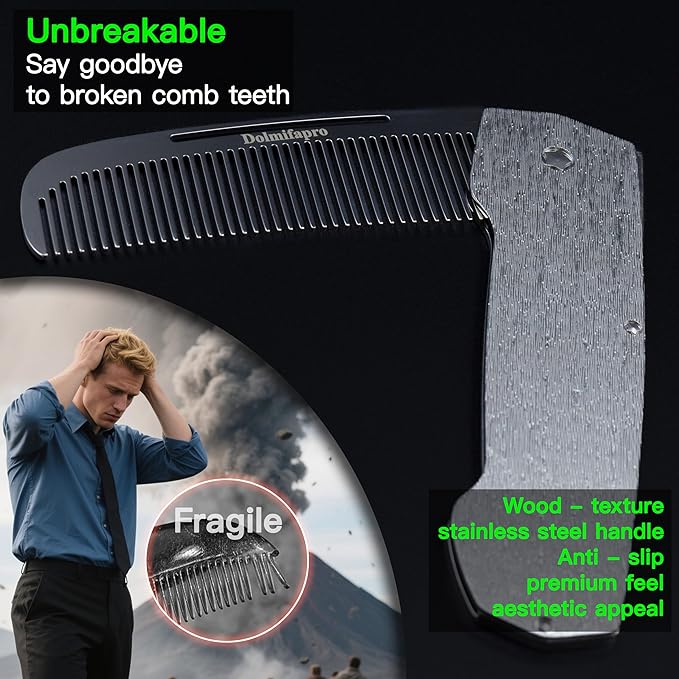 Folding Pocket Comb for Men Hair Comb Stainless Steel Mustache Comb Wood Grain Design