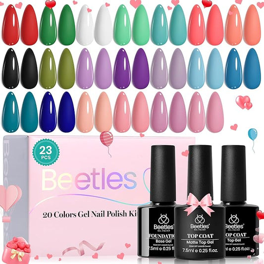 Beetles Gel Nail Polish Set, 23pcs Gel Polish Kit, 20 Colors Pink Green Blue Uv Gel Polish with Base Top Coat, All Season Manicure Tools for Beginners Nail Art Home Gift for Women