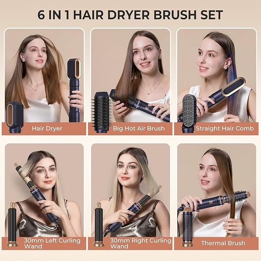 6 in ONE Blow Dryer Brush,Air Curling Iron Round Brush Blow Dryer 800W,Ionic Hair Dryer Brush for Women, Hot Air Brush Hair Styling Tools 100-120V