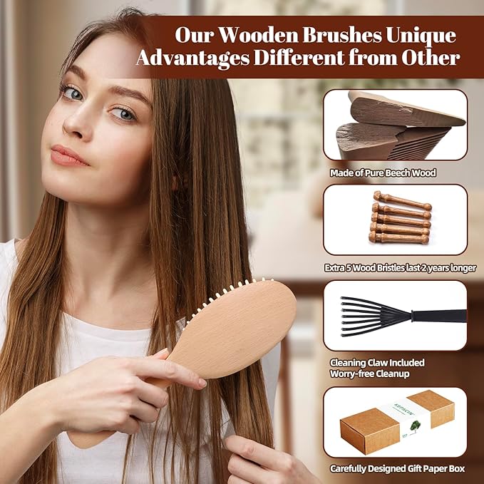 3PCS Solid Wooden Hair Brush and Small Wood Comb, Detangling Brush with Natural Bristles, Portable Scalp Massage Kit for All Hair Types, Wood Haircare Gift for Women/Men