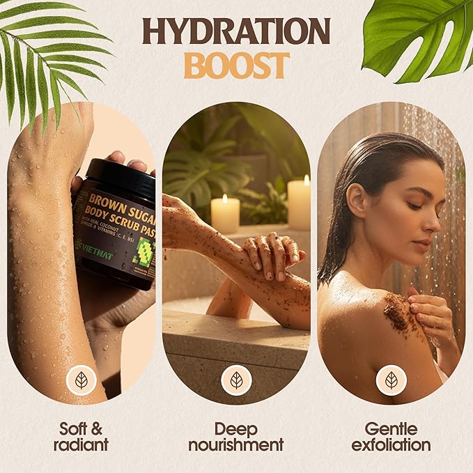 Exfoliating Brown Sugar Body Scrub with Coconut Shreds, Vitamins C, E & B5 – Softens & Refreshes Look of Skin – 8.8 oz