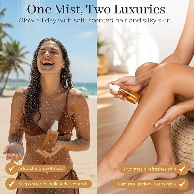 DUSA Caramel Glow Hair Perfume & Body Mist for Women – Long Lasting Body and Hair Mist, Vacation Spray & Perfume para el Cabello de Mujer with Nourishing Oil, 100 ml