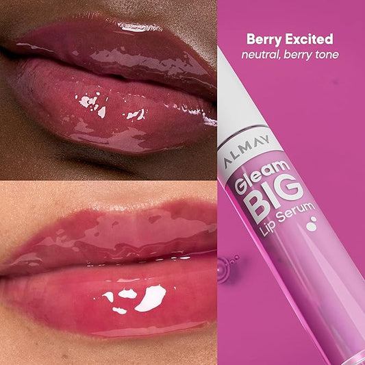 Almay Gleam Big Lip Serum, Hydrating and Moisturizing, Hypoallergenic Lip Gloss, Non-Sticky, 400 Berry Excited, 0.13 fl oz