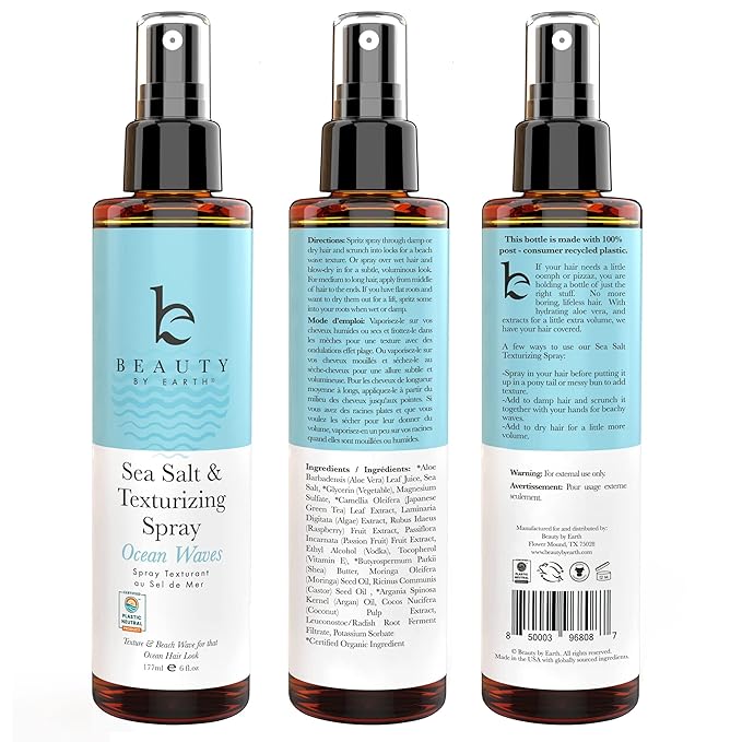 Beauty by Earth Sea Salt Spray for Textured Beach Waves & Volume - USA Made with Organic Ingredients, Texturing and Volumizing Spray for Fine Hair for Men & Women