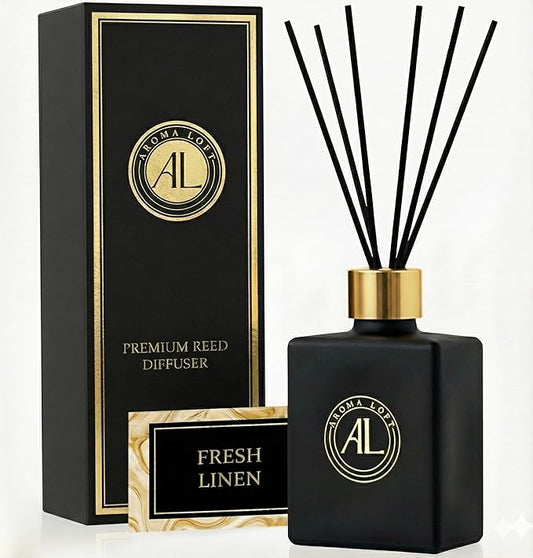 Fresh Linen- Reed Diffuser Set - Scent Sticks - Non-Toxic- Bathroom Diffuser - with 5oz Oil - Black Reed Diffusers for Home & Office - Elegant Scented Sticks for Desk