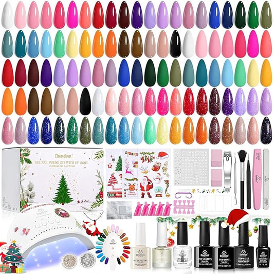 Beetles Christmas Gel Nail Polish Kit 68 Pcs with U V Light - 35 Color Gel Nail Kit Gifts for Teens Girls Women Soak Off Emotional Spectrum Red Winter Manicure Nails Decoration Tool Home DIY Set