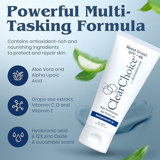 Clear Choice Sport Shield SPF 45 – Mineral Sunscreen & Moisturizer | Non-Greasy Broad-Spectrum Face & Body SPF | Micronized Zinc Oxide | No White Cast | Dermatologist Recommended 60 ml / 2 oz