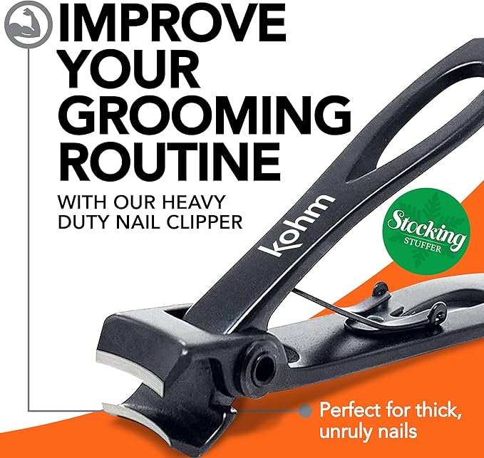 KOHM Nail Clippers for Thick Nails - Heavy Duty, Sharp Wide Mouth Professional Fingernail and Toenail Clippers for Men, Women & Seniors, Black