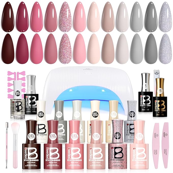 Beetles Stay Shining 23 Pcs Gel Nail Polish Kit with UV Light,, 12 Color Nail Manicure Studio Kit Cozy Elegance and Base Gel Glossy &Matte Top Coat Cuticle Oil & Nails Tools, DIY Salon-Quality at Home