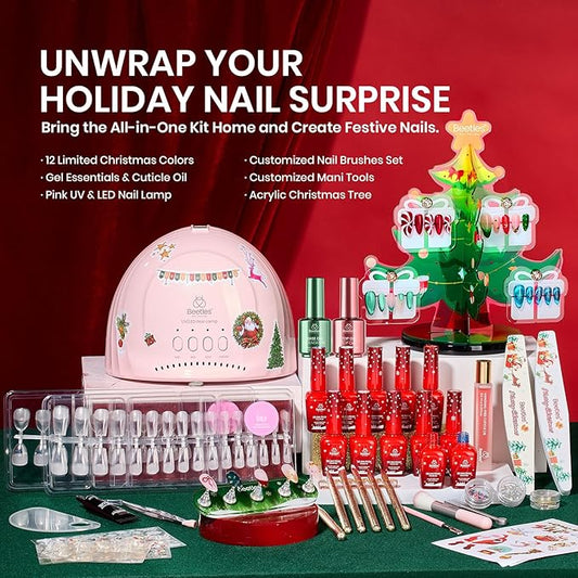 Beetles 67Pcs Gel Nail Polish Kit with U V Light Crystal Christmas Gifts for Women Teen Girls - 12 Colors Gel Nail Kit Cat Eye Red Glitter & Nails Stand Acrylic Holder Display Nails Stuff Manicure Set