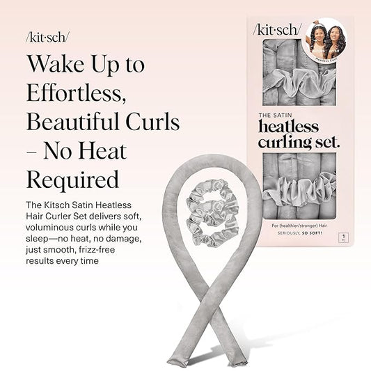 Kitsch Satin Heatless Curling Set – Heatless Curls Overnight with 34" Hair Curler & 2 Satin Scrunchies – Comfortable Hair Curlers to Sleep In for Frizz-Free, No Heat Damage Styling - Silver