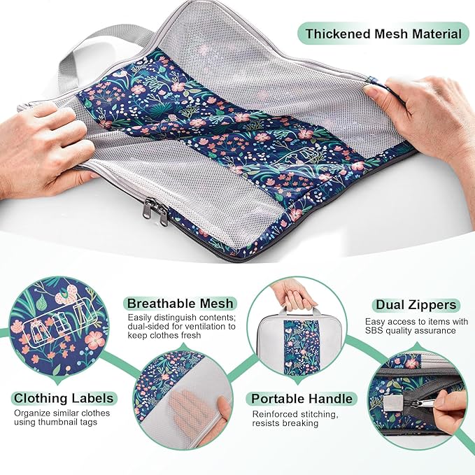 10 Set Compression Packing Cubes for Travel Essentials,Compressible Expandable Packing Cubes for Suitcase,OlarHike Luggage Organizer Bags,Handy Helper for Organizing Clothes(Dark Blue Floral)