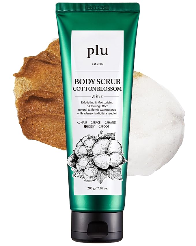 PLU Korean Original Walnut Body Scrub Polish - Cotton Blossom - Exfoliating, Hydrating & Smoothing for Radiant Skin Texture - Cozy Soap & Floral Scent, 6.76 oz.