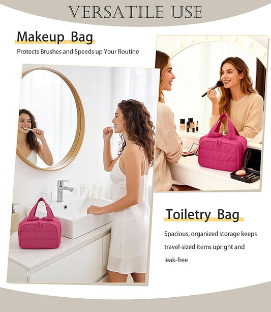 Travel Toiletry Bag for Women, Large Wide-open Puffy Cosmetic Makeup Bag with Wet-Dry Separation, Multi-Pocket Organizer with Carry Handle for Toiletries, Cosmetics, Essentials, Rose Red