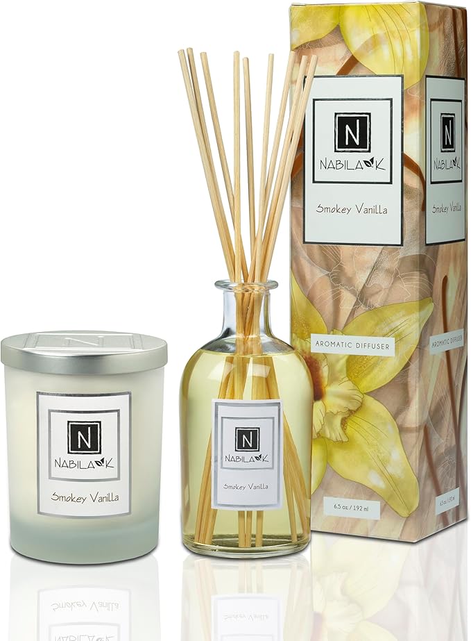 Warm Glow Home Set - Smokey Vanilla Candle (14 oz) & Diffuser (6.5 oz) - Long-Lasting Aromatic Home Fragrance - Soy-Based Candle with Essential Oil Diffuser - Cozy Scent with Amber & Wood Notes