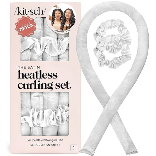 Kitsch Satin Heatless Curling Set – Heatless Curls Overnight with 34" Hair Curler & 2 Satin Scrunchies – Comfortable Hair Curlers to Sleep In for Frizz-Free, No Heat Damage Styling - Ivory
