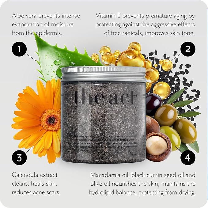 THE ACT Exfoliating Balancing Body Scrub with Black Cumin Oil - Sea Salt Formula for Smooth & Radiant Skin - Home Spa Care, Gift for Women Men, Vegan, Organic 10.58 Oz