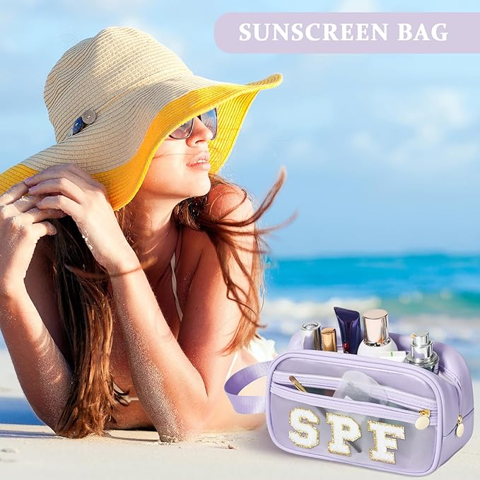 COSHAYSOO Clear Sunscreen Bag Makeup Toiletries Pouch Beach Vacation Essentials Summer Travel Stuff Accessories Personalized Graduation Gifts for Her Women College Teen Girls Teacher Nurse Purple SPF