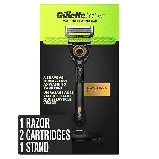 Gillette Labs Men's Razor with Exfoliating Bar, Shaving Kit Includes 1 Handle, 2 Blade Refills, 1 Premium Magnetic Stand, Black and Gold