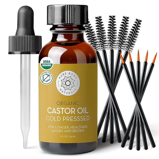 Pure Body Naturals Castor Oil for Eyelashes and Eyebrows - 1 Fl Oz Nourishing Brow & Lash Growth Serum - Organic, Hexane Free, Cold Pressed, Unrefined - Eyelash and Eyebrow Growth Serum for Women