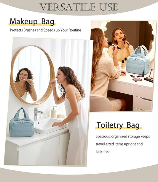 Travel Toiletry Bag for Women, Large Wide-open Puffy Cosmetic Makeup Bag with Wet-Dry Separation, Multi-Pocket Organizer with Carry Handle for Toiletries, Cosmetics, Essentials, Light Blue