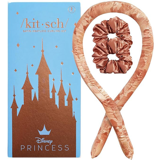 Disney & Kitsch Satin Heatless Hair Curler Set - Heatless Curls Overnight with Hair Curler & 2 Satin Scrunchies - Hair Curlers to Sleep in for Overnight Curls - Overnight Blowout Rods - Princess Party