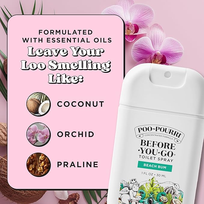 Poo-Pourri Before-You-Go Pocket Toilet Spray, Travel Essentials, Beach Bum, 1 Fl Oz, Up to 50 Uses, On-The-Go Bathroom Odor Deodorizer with Essential Oils, TSA Approved Size, Coconut Orchid Scent