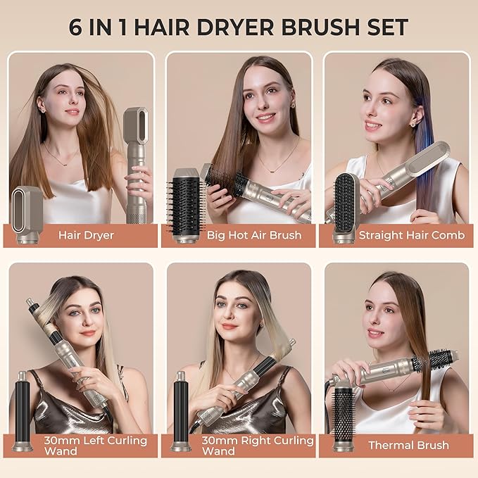 6 in ONE Blow Dryer Brush,Air Curling Iron Round Brush Blow Dryer 800W,Ionic Hair Dryer Brush for Women, Hot Air Brush Hair Styling Tools 100-120V