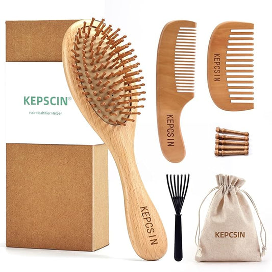 3PCS Solid Wooden Hair Brush and Small Wood Comb, Detangling Brush with Natural Bristles, Portable Scalp Massage Kit for All Hair Types, Wood Haircare Gift for Women/Men