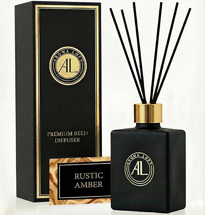 Reed Diffuser Set for Home - Rustic Amber Scent Sticks - Bathroom Counter Decor - Modern Room Fragrance Diffuser - Office Air Freshener - 90 Day Long Lasting Aroma