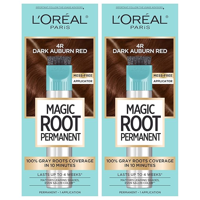 L’Oréal Paris Magic Root Permanent Hair Color, 10 Minute Hair Dye Kit to Rescue Roots with 100% Gray Hair Coverage, 4R Dark Auburn Red, 2 Pack (Packaging May Vary)