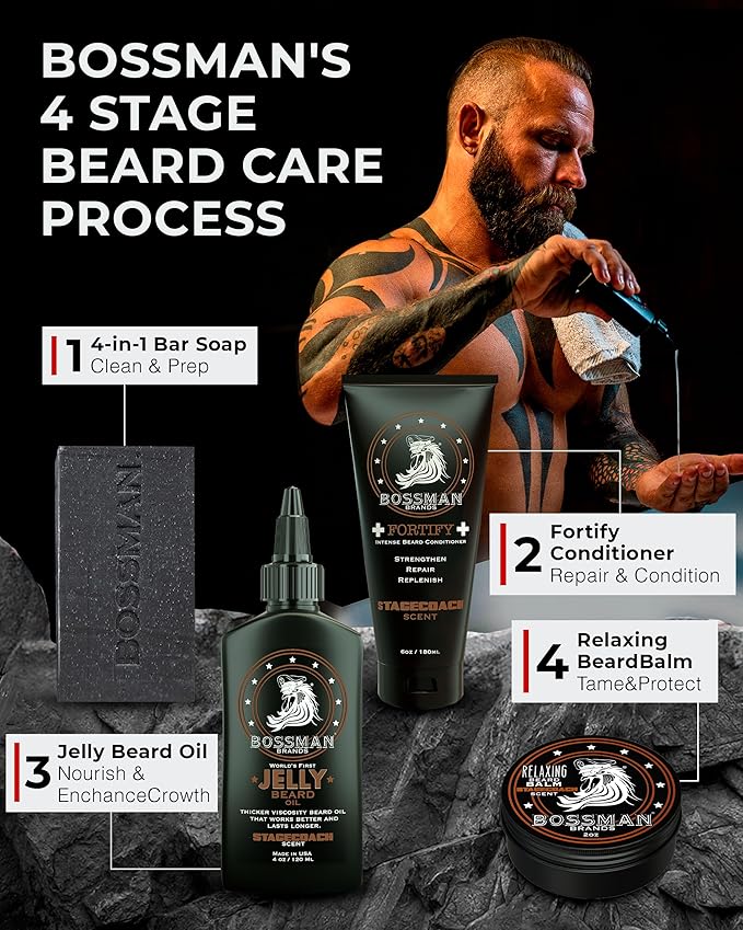 Bossman Complete Beard Kit – Men's Beard Oil Jelly, Fortifying Shower Conditioner, Balm, Mustache Wax & Comb – Beard Softener & Grooming Care – Men Gift Set (Hammer Scent)