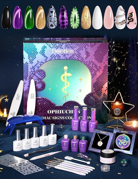 Beetles Lucky Box Ophiuchus Sign Gel Nail Polish Kit - Zodiac Inspired Nail Art Set Purple Green Gold Cat Eye Black White Gel Pink Jelly Base Top Coat Nail Glue Lamp Salon DIY Zodiac Gift for Women