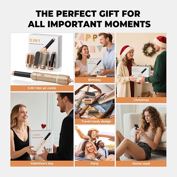 5 in 1 Blow Dryer Brush Set, Hot Air Styler Negative Ion Air Curling Wrap Air Curler, Round Brush Blow Dryer Curling Iron Hair Styling Tools Gift for Dry,Volumize, Straight,Curl,100-120V