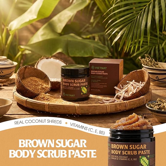 Exfoliating Brown Sugar Body Scrub with Coconut Shreds, Vitamins C, E & B5 – Softens & Refreshes Look of Skin – 8.8 oz