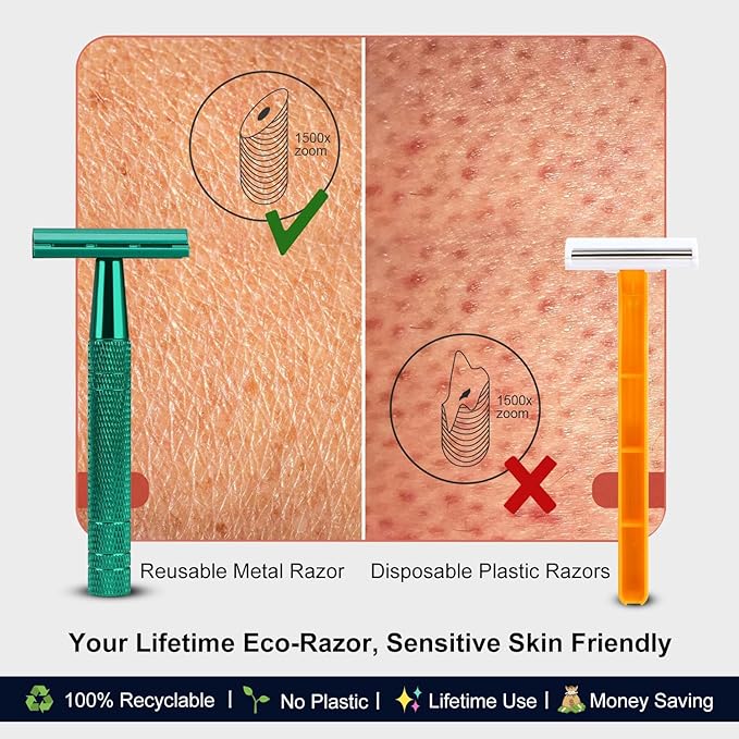 Double Edge Safety Razor, Single Blade Razors for Men and Women, Reusable Metal Razor with 10 Stainless Steel Double Edge Blades, Smooth and Close Wet Shaving, Plastic Free, Green