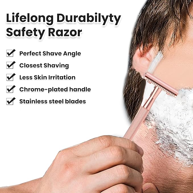 Double Edge Safety Razor For Woman With Stand and 10 Premium Stainless Steel Reusable Safety Razor, Razors For Shaving, Rose Gold