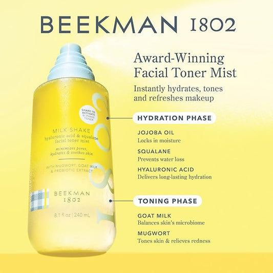 Beekman 1802 Milk Shake Hydrating Face Mist - Hyaluronic Acid & Squalane Facial Mist Minimizes Pores & Gently Moisturizes - Makeup Setting Spray - Fragrance-Free
