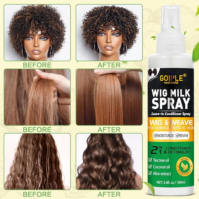 2PCS Wig Milk Spray for Synthetic Hair, Leave-In Conditioner Wig Detangler Spray for Human Wigs, Conditioner ＆ Detangler 2 in 1 Moisturizer, Hydrates & Replenishes Synthetic Hair Wigs Easy Combing