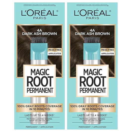 L’Oréal Paris Magic Root Permanent Hair Color, 10 Minute Hair Dye Kit to Rescue Roots with 100% Gray Hair Coverage, 4A Dark Ash Brown, 2 Pack (Packaging May Vary)