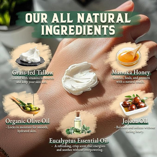 Organic Beef Tallow for Skin - 4 OZ (Eucalyptus) — Grass Fed Beef Tallow for face + Body — US-Made Whipped Tallow and Honey Balm Moisturizer for Dry and Sensitive Skin, Eczema, Rosacea (No Additives)