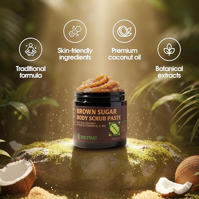 Exfoliating Brown Sugar Body Scrub with Coconut Shreds, Vitamins C, E & B5 – Softens & Refreshes Look of Skin – 8.8 oz