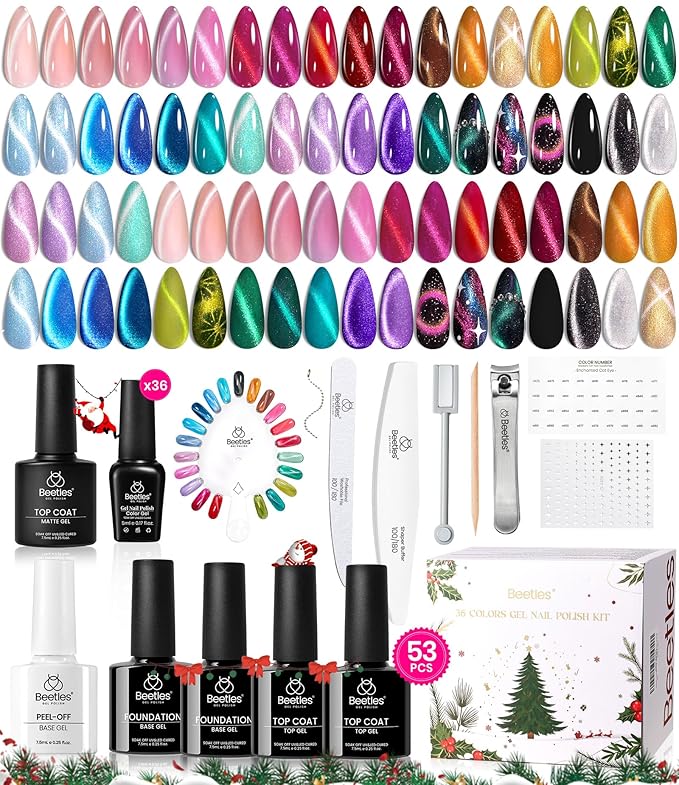 Beetles Stellar Sonata Cat Eye Gel Nail Polish Set - 36 Colors Christmas Gel Nail Kit Magnetic Red Green Purple Brown Burgundy Base Glossy Matte Top Coat Soak off UV Salon Nail Art Gift for Women