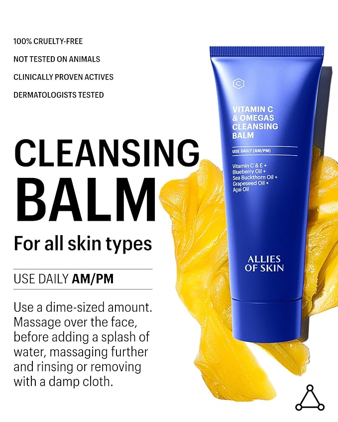 Allies of Skin Vitamin C & Omegas Cleansing Balm | Daily Makeup Remover to Dissolve Waterproof Mascara and SPF | Ophthalmologically Tested for Sensitive Eyes & Skin (3.4 Fl oz)
