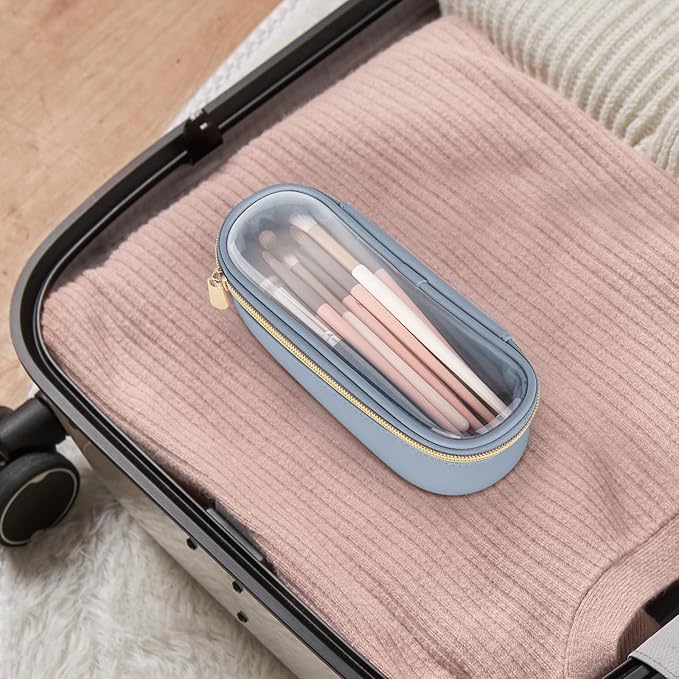Clear Travel Makeup Brush Holder, Leather Makeup Brush Toiletry Bag, Portable Cosmetic Brush Case, Transparent Waterproof Makeup Brush Storage Bag, Blue