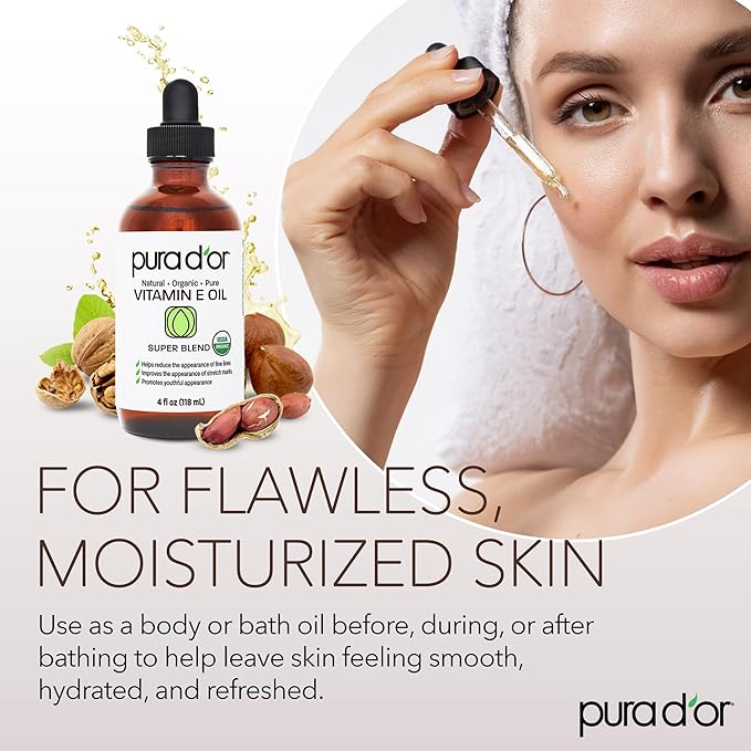 PURA D'OR 4 Oz Organic Vitamin E Oil – USDA Certified Face, Body, Hair & Bath Oil with Argan, Jojoba, Rosehip, Apricot, Almond & Avocado – Lightweight Moisturizing Blend for Soft, Smooth Skin