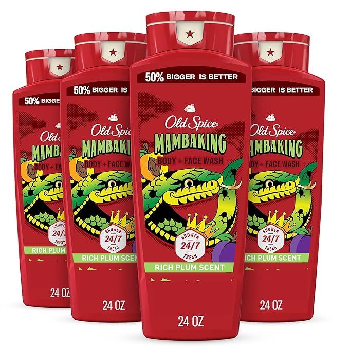 Old Spice Cleansing Body Wash for Men, 3X Defense, 24/7 Shower Fresh with Lasting Scent, 2-in-1 Body & Face Wash, MambaKing with Rich Plum Scent, 24 oz (Pack of 4)