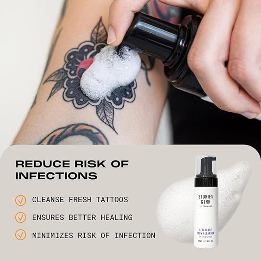 Stories & Ink Tattoo Care | AFTERCARE FOAM CLEANSER for fresh tattoos - For Fresh Tattoos, Soothes Skin, Ultra Gentle Soap, Sulfate Free, Fragrance-free, Vegan & Cruelty-free, 150 mL / 5.1 Fl Oz